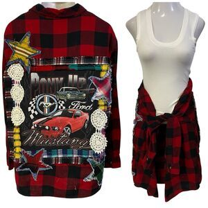 Upcycled Flannel Shirt Shacket Womens 1X Pony Mustang Grunge Patchwork Folk Art
